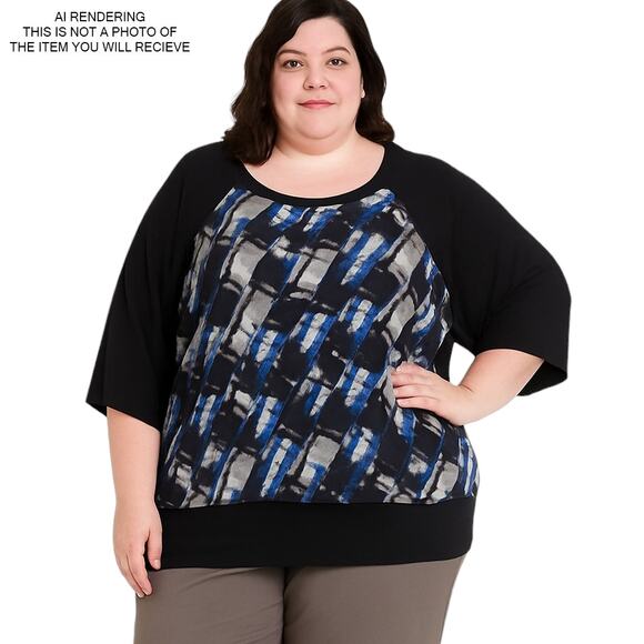 Alyx Woman Top 3/4 Sleeve Abstract Statement Artsy Casual Comfort Blue Black 3X - Picture 8 of 9